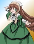  00s 1girl blush bow brown_hair corset dress drill_hair flat_chest frills green_dress green_eyes hat heterochromia lolita_fashion long_hair long_sleeves open_mouth red_eyes ribbon rozen_maiden solo suiseiseki twin_drills twintails very_long_hair 