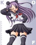  1girl asamiya_athena blush fingerless_gloves gloves hairband king_of_fighters long_hair miniskirt one_eye_closed open_mouth purple_hair school_uniform serafuku skirt smile snk solo the_king_of_fighters thigh-highs tonpuu violet_eyes wink zettai_ryouiki 