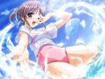  1girl asagiri_mai bekkankou blush brown_hair dutch_angle game_cg green_eyes hair_ribbon happy navel one-piece_swimsuit one_eye_closed ribbon shirt short_hair smile solo splashing swimsuit t-shirt twintails water wet wet_clothes wet_shirt wink yoake_mae_yori_ruri_iro_na 