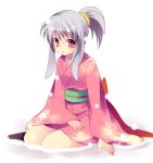  1girl animal_ears japanese_clothes kimono mei pink_eyes short_kimono silver_hair sitting snow solo subaru_(yachika) 