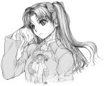  1girl bow bowtie buttons face fate/stay_night fate_(series) hair_bow hair_flip hands monochrome sketch solo tohsaka_rin upper_body yamaguchi_homupe 