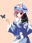  1girl bonnet butterfly fan female folding_fan frills hat kaneru long_sleeves mob_cap outline pink_hair red_eyes robe saigyouji_yuyuko sash short_hair simple_background solo touhou triangular_headpiece wide_sleeves 