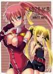  2girls blonde_hair blue_eyes breast_envy breasts fate_testarossa highres lyrical_nanoha mahou_shoujo_lyrical_nanoha mahou_shoujo_lyrical_nanoha_a&#039;s multiple_girls open_clothes open_shirt pink_hair ponytail red_eyes shirt signum soba_(saz) spandex twintails 