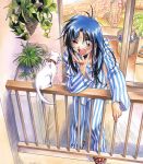  1girl balcony blue_hair brown_eyes cat chidori_kaname full_metal_panic! long_hair outdoors pajamas sleepy solo striped tears vertical_stripes yawning 