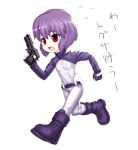  1girl boots chibi ghost_in_the_shell gun handgun iwai_ryou kusanagi_motoko pantyhose pistol purple_boots red_eyes solo tears weapon 