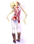  belt blonde_hair blue_eyes blush boots character_request costume embarrassed from_behind gundam long_hair looking_back mobile_suit_gundam original pantyhose ribbon shiny shiny_clothes spandex twintails very_long_hair white_legwear 