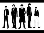  5boys closed_mouth double-breasted emiya_kiritsugu expressionless fate/stay_night fate/zero fate_(series) formal jacket kotomine_kirei long_sleeves looking_at_viewer male_focus monochrome multiple_boys open_clothes open_jacket pants simple_background standing suit tohsaka_tokiomi tosibow uryuu_ryuunosuke waver_velvet white_background 