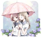  2girls ai_ai_gasa blonde_hair blush closed_eyes flower hair_ribbon hug hydrangea long_hair multiple_girls rain ribbon school_uniform serafuku shared_umbrella short_hair source tsukiishi umbrella violet_eyes yuri 