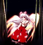  :o bamboo bamboo_forest bow female fiery_wings forest fujiwara_no_mokou hair_bow long_hair maroppe nature night pants red_eyes ribbon silver_hair suspenders touhou wings 