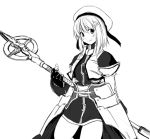  1girl fingerless_gloves gloves hat lyrical_nanoha magical_girl mahou_shoujo_lyrical_nanoha mahou_shoujo_lyrical_nanoha_a&#039;s mahou_shoujo_lyrical_nanoha_strikers monochrome nekonote_(nekono_paraiso) schwertkreuz solo staff unison waist_cape x_hair_ornament yagami_hayate 