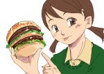  1girl :p animal_ears blush brown_eyes brown_hair food green_shirt hamburger long_sleeves looking_at_viewer megamac oekaki original pointing salad shirt short_hair simple_background solo tongue tongue_out twintails upper_body white_background wolf_ears 