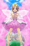  1girl ballet_slippers blonde_hair blue_eyes blue_sky blush bow brown_eyes cherry_blossoms choker da dress fairy fairy_wings floating flower flying frilled_dress frills hair_ornament light_rays looking_at_viewer mikami_mika original outdoors outstretched_arms pink pink_dress plant ribbon short_hair sky solo spring_(season) sunlight tree wings 