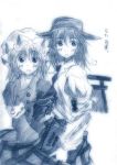  2girls blue female ghostly_field_club hat maribel_hearn monochrome multiple_girls sketch torii touhou usami_renko 