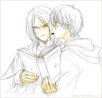  2boys annotated annoyed book chocolate harry_james_potter harry_potter long_sleeves male_focus monochrome mouth_hold multiple_boys open_book reading severus_snape simple_background spot_color upper_body valentine white_background yaoi yukipon 