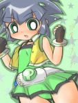  1girl bangs belt black_hair blue_hair blunt_bangs choker fingerless_gloves gloves green_eyes jacket lowres matsubara_kaoru pleated_skirt powered_buttercup powerpuff_girls powerpuff_girls_z short_hair skirt solo tank_top 