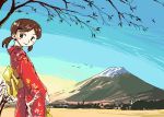  1girl brown_hair female japanese_clothes kimono mount_fuji mountain oekaki original solo 