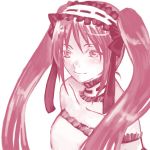  1girl bow choker euryale fate/hollow_ataraxia fate/stay_night fate_(series) frills hair_ribbon headband lowres monochrome ribbon simple_background smile solo stheno 