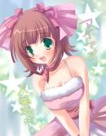  1girl :d amami_haruka bangs bare_shoulders blunt_bangs blush bob_cut bow breast_squeeze breasts brown_hair choker cleavage cute_&amp;_girly_(idolmaster) dress dutch_angle fur_trim glowing green_eyes hair_bow hinata_momo idolmaster open_mouth pink_bow ribbon sash scarf short_hair smile snow_strawberry solo star translation_request upper_body 