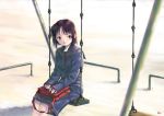  1girl bag brown_eyes brown_hair hair_ornament handbag highres kobayashi_yuji school_uniform serafuku short_hair side_ponytail sitting solo swing 