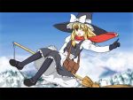  1girl blonde_hair broom broom_riding female flying hat kirisame_marisa letterboxed pantyhose red_scarf scarf sidesaddle solo touhou witch witch_hat yamaguchi_yuu 