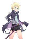  1girl androgynous aqua_eyes belt blonde_hair buckle fighting_stance holding holding_weapon jacket long_sleeves looking_at_viewer nakatomi_ryo nakatomi_ryou open_clothes open_jacket original sheath short_hair shorts simple_background solo standing suspenders sword unsheathed weapon white_background 