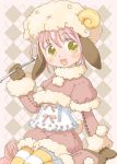  1girl animal_ears blush child corset crochet hatomugi_(mamotan) horns monster_girl pantyhose pink_hair sheep sheep_ears sheep_girl sheepgirl solo striped thigh-highs younger 