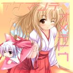  &gt;_o 2girls ;) blonde_hair blush brown_eyes chibi hakama japanese_clothes miko minigirl multiple_girls one_eye_closed open_mouth red_hakama smile uni8 wink 