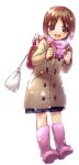  00s 1girl bag blush boots brown_eyes brown_hair cardigan chise chise_(saishuu_heiki_kanojo) flute hair_ornament hairpin hamamo instrument original pink_boots pink_scarf saishuu_heiki_kanojo scarf short_hair simple_background skirt smile solo standing white_background winter_clothes 