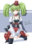  1girl bow c.c. choker code_geass frills gothic_lolita green_hair hat kneeling lolita_fashion mini_hat mini_top_hat odaya odayan skirt solo thigh-highs top_hat twintails yellow_eyes zettai_ryouiki 