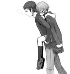  1boy 1girl blush carrying glasses kyon monochrome nagato_yuki piggyback suzumiya_haruhi_no_yuuutsu yu_65026 