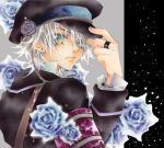  1boy armband blue blue_rose cross earrings flower formal green_eyes hat jewelry lee_sun_young looking_back male_focus nail_polish ring rose solo suit white_hair 