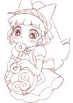  1girl akazutsumi_momoko apron bangs blunt_bangs blush cowboy_shot doughnut dress eating eyebrows eyebrows_visible_through_hair food headband holding hyper_blossom long_hair monochrome mouth_hold ponytail powerpuff_girls powerpuff_girls_z puffy_short_sleeves puffy_sleeves red short_sleeves simple_background smile solo standing sweets thick_eyebrows tray very_long_hair waitress white_background 