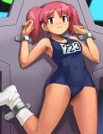  1girl armpits bangs bdsm blue_swimsuit bondage bound bound_ankles bound_wrists breasts clenched_hands covered_navel frown haruyama_kazunori hinata_natsumi keroro_gunsou kneehighs leg_lift looking_at_viewer name_tag no_shoes number one-piece_swimsuit orange_eyes pink_hair redhead school_swimsuit shadow short_hair short_twintails sideboob socks solo swimsuit tan twintails white_legwear wide_hips 
