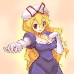  1girl blonde_hair bow breasts cleavage elbow_gloves female gloves hat hat_bow large_breasts oekaki outstretched_arm outstretched_hand raina red_eyes slender_waist solo touhou wavy_hair white_gloves yakumo_yukari 