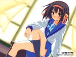  blush brown_hair ribbon school_uniform serafuku short_hair sitting smile socks suzumiya_haruhi suzumiya_haruhi_no_yuuutsu window yuuki_keisuke 