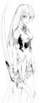  1girl bare_shoulders bodysuit breasts erect_nipples jewelry long_hair medium_breasts monochrome original shinonome_(boshinote) simple_background solo sword tsurime weapon white_background 