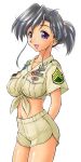  1girl adapted_uniform arms_behind_back black_hair breasts crop_top ebifly front-tie_top hair_ornament hairclip midriff military military_uniform navel ponytail scout short_hair shorts simple_background solo uniform violet_eyes 