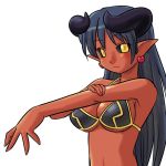  1girl abs arm_grab artist_request astaroth_(shinrabanshou) bare_shoulders bikini bikini_top black_sclera blue_hair blush breasts cleavage dark_skin demon_girl earrings exif_thumbnail_surprise female fingernails heart heart_earrings horns jewelry long_fingernails long_hair looking_at_viewer outstretched_arm pointy_ears red_skin shinrabanshou simple_background smile solo swimsuit tail upper_body white_background wings yellow_eyes 