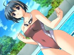  1girl :/ ahoge anicd aoki_sara arms_up bangs bare_shoulders black_eyes black_hair blue_eyes blue_hair blush breasts bush cleavage clenched_hands clothes_writing clouds competition_swimsuit covered_navel cowboy_shot curvy dutch_angle fingernails forest frown game_cg goggles goggles_around_neck hairband highleg highleg_swimsuit hill hips kim_kwang_hyun kisetsu_no_hanayome large_breasts long_fingernails looking_at_viewer mogudan nature navel one-piece_swimsuit outdoors pool poolside red_swimsuit short_hair sky solo standing strapless strapless_swimsuit swimsuit thigh_gap thighs tile_floor tiles tree water wide_hips 