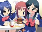  3girls amamiya_manami blue_eyes blue_hair blush bow brown_hair drink etou_mei flat_chest food gakuen_utopia_manabi_straight! green_eyes green_hair hamburgeipt inamori_mika long_hair megamac multiple_girls open_mouth plaid plaid_skirt sanshita school_uniform skirt yellow_eyes 