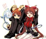  1boy 1girl :d ^_^ ^o^ aloe aloe_(quiz_magic_academy) animal_ears arms_up black_dress black_legwear blue_eyes blush bow bowtie brown_hair closed_eyes closed_mouth dress frown fujitaka_(akasora) fujitaka_akasora full_body loafers long_hair long_sleeves open_mouth orange_hair pantyhose quiz_magic_academy raccoon_ears red_bow red_bowtie ribbon shoes simple_background sitting smile tail tears thigh-highs twintails very_long_hair white_background white_legwear yuu_(quiz_magic_academy) zettai_ryouiki 