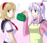 2girls age_difference alice_margatroid apron blonde_hair female gradient gradient_background hair_bobbles hair_ornament hairband long_hair lunch_bag mother_and_daughter multiple_girls mystic_square obentou purple_hair school_uniform serafuku shinki short_hair side_ponytail touhou translation_request violet_eyes yellow_eyes 