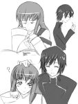  1boy 1girl ? ^_^ abubu bangs bare_shoulders blush c.c. closed_eyes code_geass detached_sleeves dress from_side half-closed_eyes lelouch_lamperouge long_hair long_sleeves male_focus monochrome petting profile sidelocks simple_background upper_body white_background 