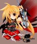  1girl bardiche blonde_hair blush elecpid electricity fate_testarossa fingerless_gloves gloves itotin lightning long_hair lyrical_nanoha magical_girl mahou_shoujo_lyrical_nanoha mahou_shoujo_lyrical_nanoha_a&#039;s red_eyes solo twintails 