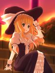  1girl alternate_hairstyle blonde_hair embellished_costume female floating_hair frills green_eyes hat holding holding_hat kaneru kirisame_marisa long_hair looking_afar outdoors ribbon solo stairs sunset touhou witch_hat wrist_cuffs yellow_eyes 