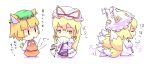  3girls animal_ears blonde_hair blush_stickers cat_ears cat_tail chen chibi closed_eyes closed_umbrella covering covering_face covering_mouth earrings fan female folding_fan fox_tail hair_ribbon hat jewelry long_sleeves multiple_girls multiple_tails orange_eyes pillow_hat ribbon surcoat tabard taikou_denka tail touhou translated umbrella white_background yakumo_ran yakumo_yukari |_| 