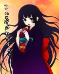  1girl bangs black_hair blunt_bangs eating enma_ai hime_cut japanese_clothes jigoku_shoujo long_hair lowres red_eyes solo tougarashi_hideyu translation_request 