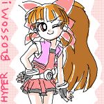  1girl ;) akazutsumi_momoko bangs belt black_gloves blunt_bangs bracelet brown_hair dress eyebrows eyebrows_visible_through_hair fingerless_gloves gloves hand_on_hip head_tilt hyper_blossom jewelry looking_at_viewer lowres oekaki one_eye_closed pleated_skirt ponytail powerpuff_girls powerpuff_girls_z red_dress skirt smile solo standing 