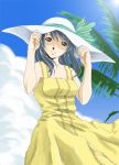  1girl blue_hair bow dress grey_eyes hat hokakushi_(bdg) ribbon solo summer 