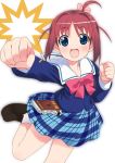  1girl amamiya_manami blue_eyes bow brown_hair gakuen_utopia_manabi_straight! hair_ornament long_sleeves mizuki_makoto pink_bow plaid plaid_skirt punching redhead school_uniform serafuku skirt solo 